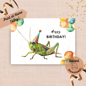 Tarjeta de cumpleaños de saltamontes imprimible, descarga instantánea, tarjeta para imprimir en casa, regalo de insecto, ilustración colorida de retrato en acuarela