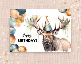 Elk Birthday Card With Party Hat, Happy Birthday, Deer Gift, Cute Animal Birthday, Wildlife Greeting, Watercolor Art Illustration