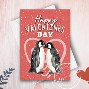 Cartão de Dia dos Namorados Pinguim, Feliz Dia dos Namorados, Pinguins Apaixonados, Conjunto de Cartões de Dia dos Namorados Pinguim Fofo, Coração de Amor, Ilustração Única em Aquarela