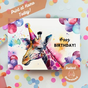 Druckbare Giraffe Geburtstagskarte, sofortiger digitaler Download Druck zu Hause Karte, Safari Tier Geschenk, Aquarell Zoo Tier Themen Grußkarte