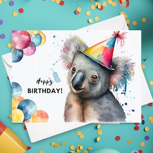 Biglietto di auguri di compleanno a forma di koala con cappellino da festa, buon compleanno, regalo per orso koala, compleanno con animali dello zoo, biglietto di auguri con animali, illustrazione ad acquerello