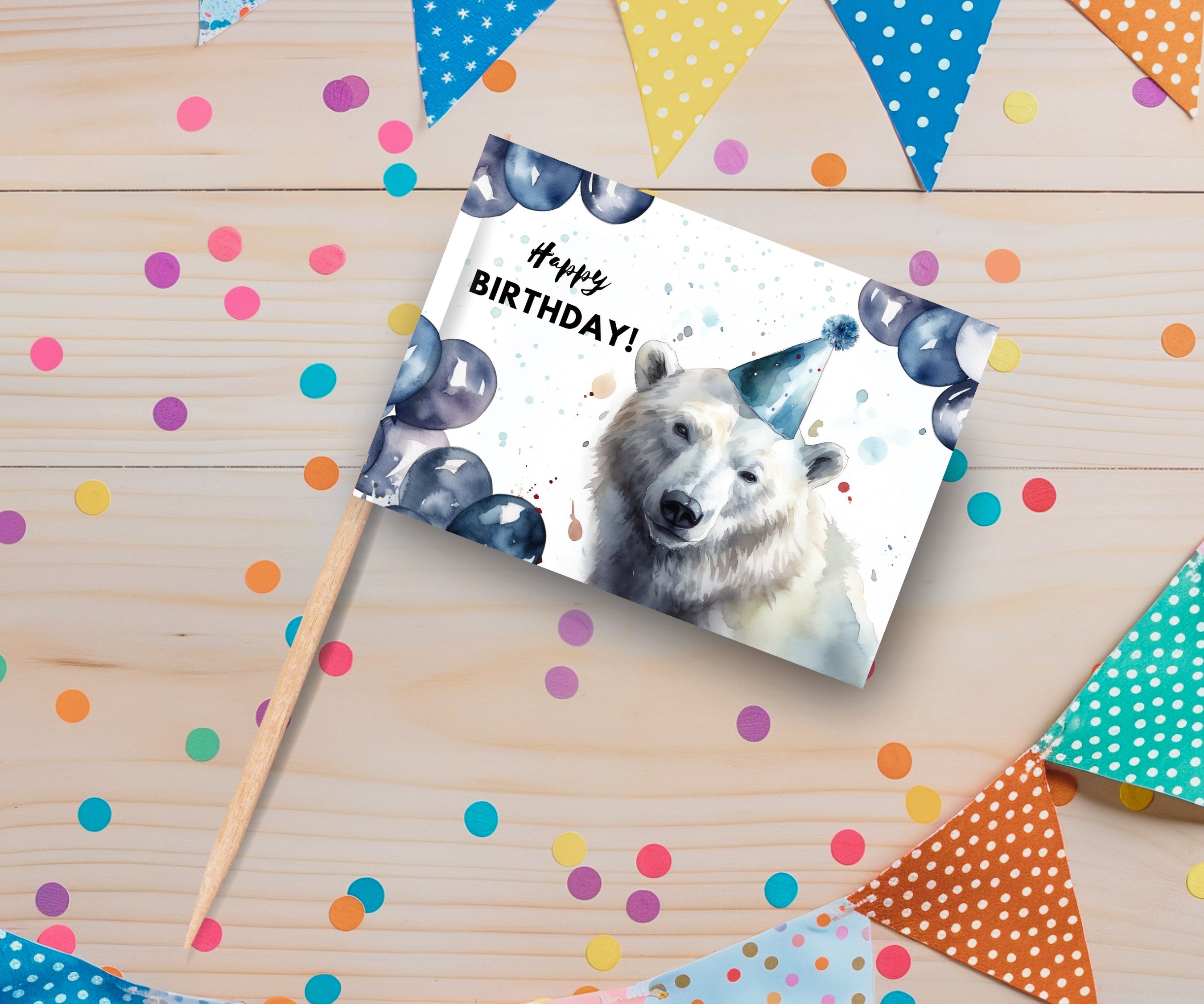 Printable Polar Bear Birthday Cupcake Topper, Instant Download Print at Home Custom Happy Birthday Cupcake Pick, DIY Craft Cake Party Decor
