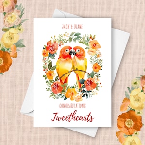 Gepersonaliseerde dwergpapegaaien trouwkaart, tweetarts gefeliciteerd cadeau, aangepaste paarnamen, grappige woordspeling huwelijksfeest receptie aanwezig
