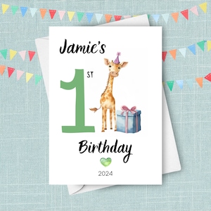 Cartão de primeiro aniversário de girafa, presente de um ano, presente personalizado para bebê fofo com nome personalizado, animal de safari em aquarela de primeiro aniversário