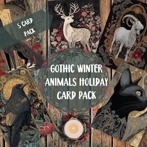 May include: A pack of five Gothic Winter Animals Holiday cards. Each card features a different animal: a wolf, deer, goat, raven, and cat. The cards have a dark, vintage aesthetic with ornate floral and geometric designs.