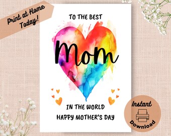 Printable Tie-Dye Heart Mother’s Day Card, Instant Download Print at Home Greeting Card, Rainbow Hippie Boho Mom, Love Heart Gift for Mum