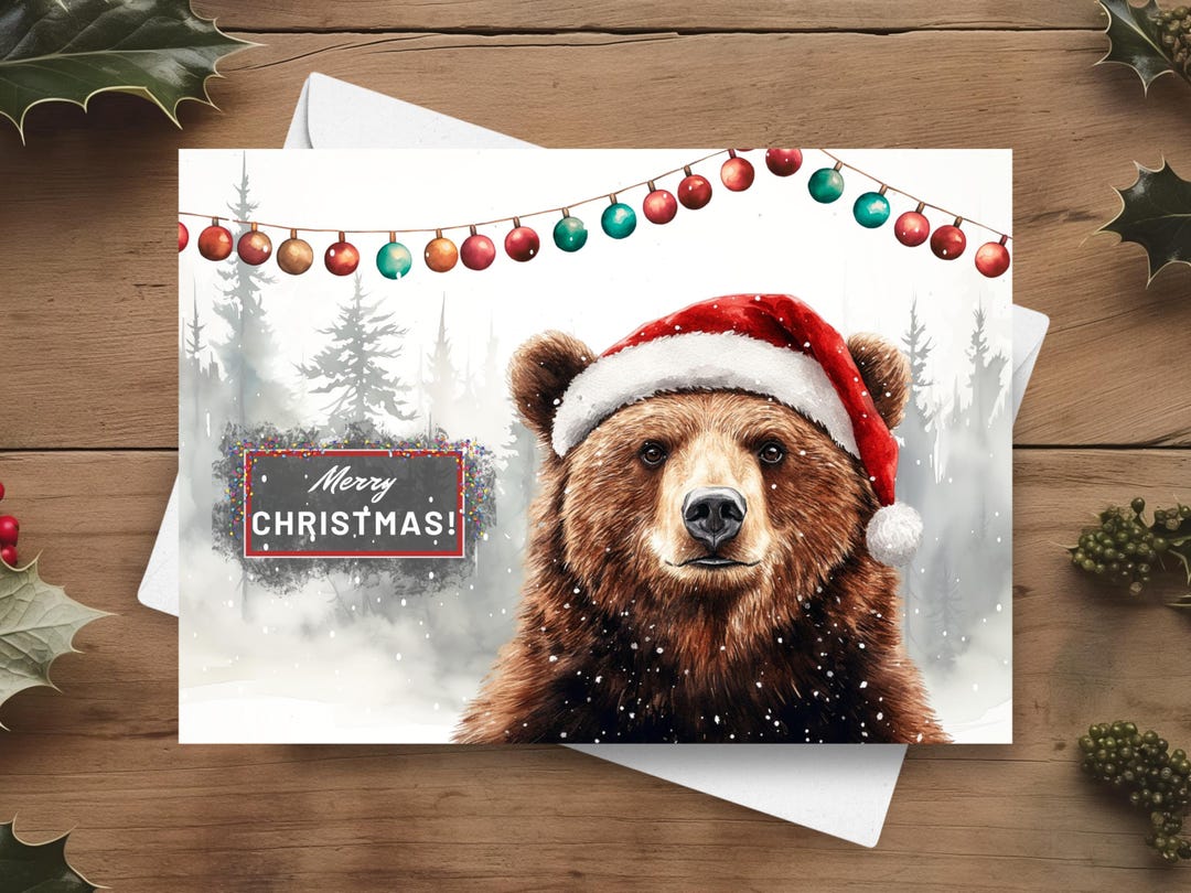 Bear Christmas Card, Merry Christmas Grizzly Wearing A Santa Hat in A ...