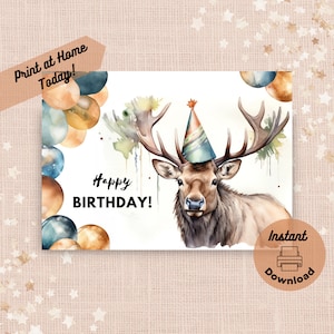 Afdrukbare verjaardagskaart elanden, direct downloaden, kaart afdrukken thuis, cadeau Wapiti Deer, verjaardag dieren in het wild dieren, aquarel kunst illustratie