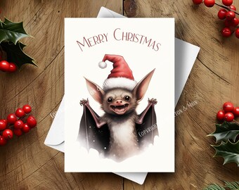 Bat Christmas Card, Cute Scary Christmas Bat Wearing A Santa Hat, Snowy Winter Scene, Watercolor Art Illustration, Unique Holiday Greeting