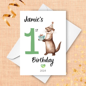 Cartão de primeiro aniversário da lontra, primeiro aniversário do bebê 2024, primeiro presente de aniversário, cartão de aniversário personalizado da lontra do bebê bonito com nome personalizado