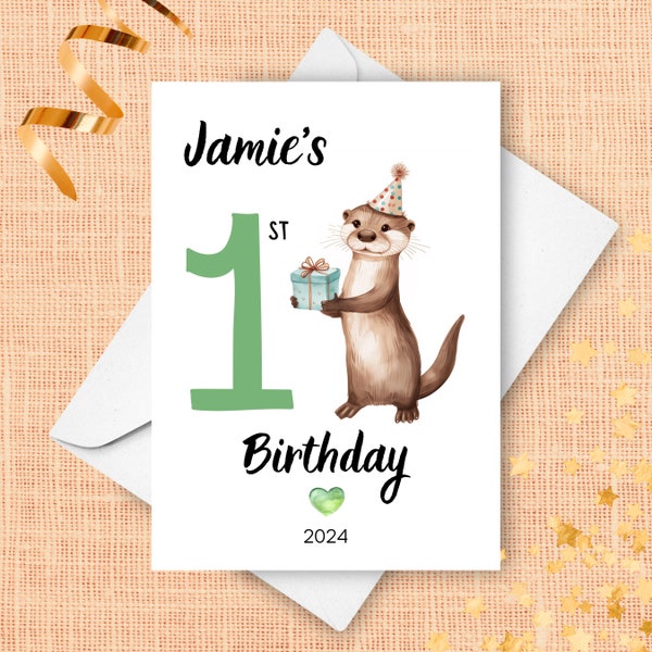 Otter First Birthday Card, Baby'S First Birthday 2024, 1st Birthday Present, Cute Baby Otter Personalized Birthday Card With Custom Name