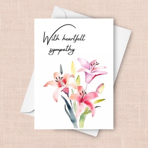 Carte de condoléances, carte de condoléances avec lys roses aquarelles, condoléances les plus sincères