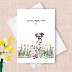 Carte dalmate pensant à vous, chien de compagnie envoyant des voeux d'acclamation, d'amour et de joie, cadeau de sympathie jonquilles jaunes, cadeau aquarelle de fleurs de printemps