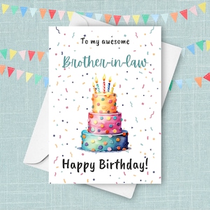 Carte d'anniversaire pour beau-frère, carte de voeux de joyeux anniversaire de la belle-soeur à mon beau-frère génial, gâteau confettis aquarelle
