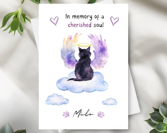 Cat Sympathy Card, Personalized With Name, Loss Of Pet Cat, Angel Sympathy Card, Condolences On Pet Passing, Custom Memorial Cherished Soul