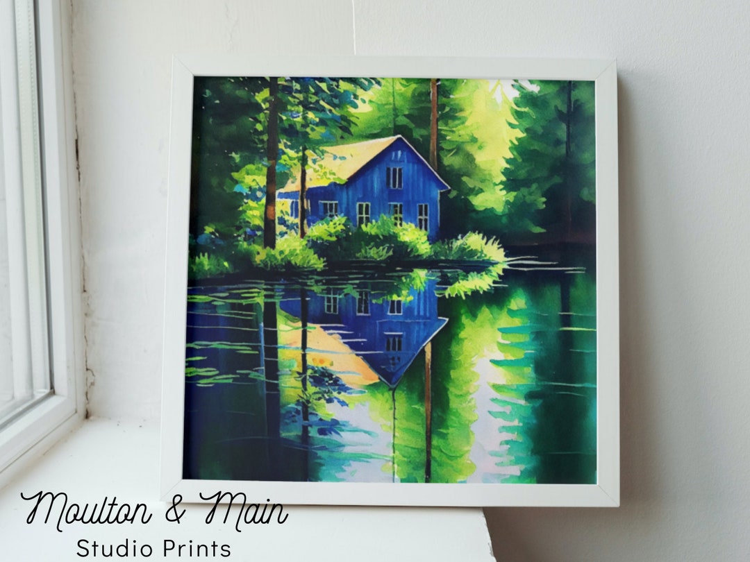 Blue Lake House Printable Digital Download Watercolor Painting Wall Art