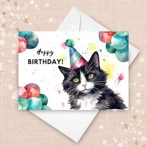 Carte d'anniversaire chat smoking, chapeau de fête de joyeux anniversaire et ballons, portrait d'animal de compagnie chat noir et blanc, cadeau chat, illustration aquarelle