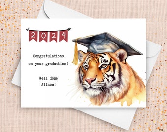 Tijger afstudeerkaart, afstuderen 2024 aangepaste kaart gepersonaliseerd, High School College University afstuderen, gefeliciteerd school mascotte