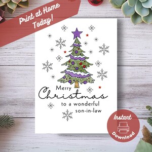 Biglietto di auguri di Natale per genero stampabile, stampa digitale istantanea a casa, meravigliosa illustrazione di albero di Natale e fiocchi di neve per genero
