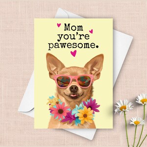 Tarjeta divertida para el Día de la Madre de un chihuahua. Saludo del Día de la Madre de un perro mascota. Regalo con un juego de palabras increíble para mamá. Gafas de sol con un chihuahua feliz.