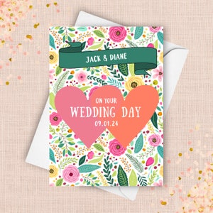 Cartão de casamento personalizado com flores silvestres, presente de parabéns no dia do seu casamento, nomes de casal personalizados e data do casamento, parabéns pela recepção