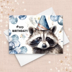 Carte d'anniversaire raton laveur avec chapeau de fête, joyeux anniversaire, cadeau raton laveur, anniversaire d'un animal mignon, voeux d'animaux sauvages, illustration d'art aquarelle