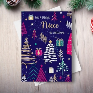 Carte de Noël nièce, à une nièce spéciale à Noël, sapin de Noël minimaliste et illustrations pour cadeaux, voeux de Noël pour la famille