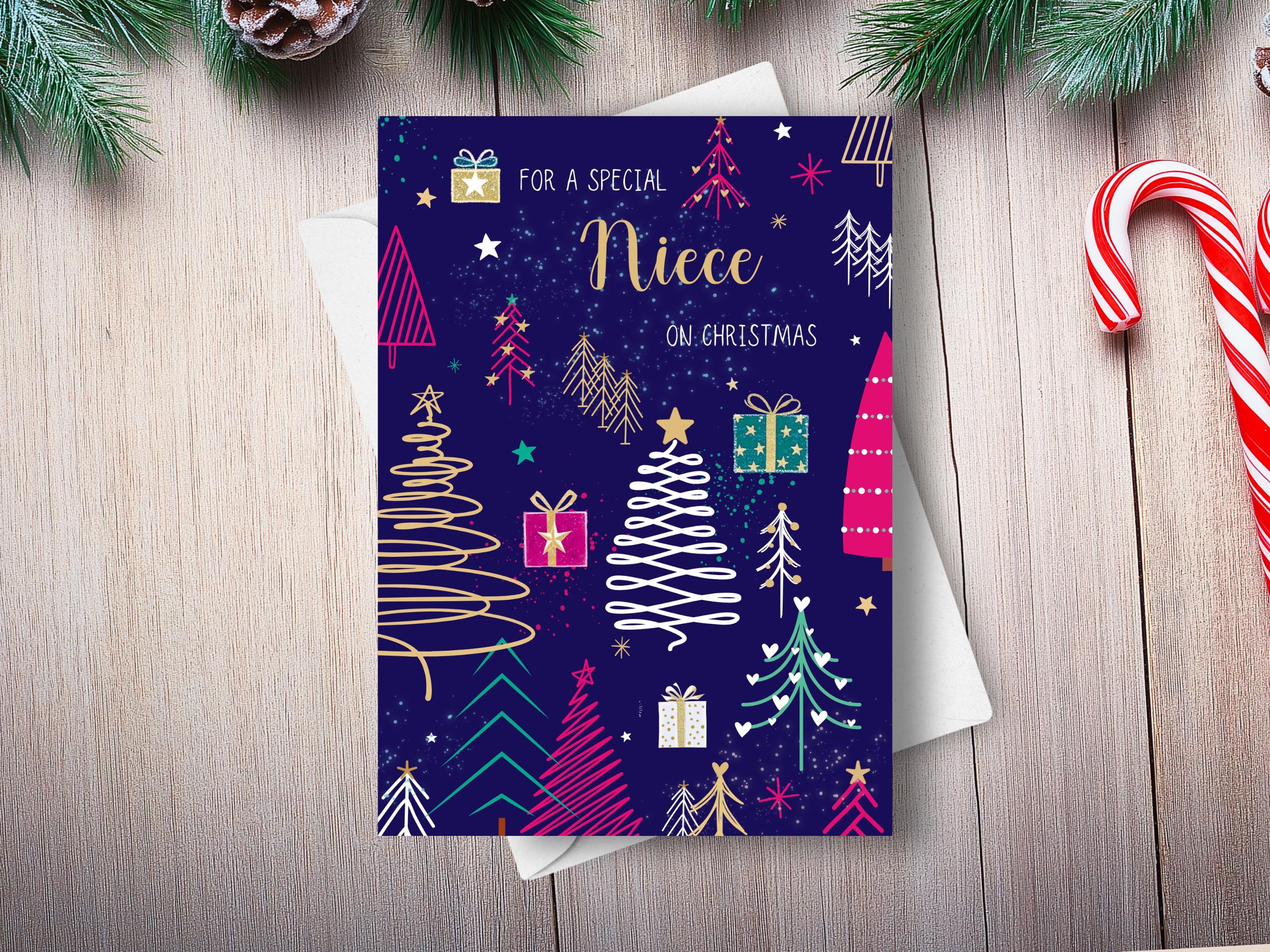 Biglietto di Natale per nipote speciale e partner con albero di Natale