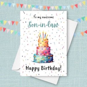 Carte d'anniversaire pour gendre, carte de voeux de joyeux anniversaire de la belle-mère pour l'anniversaire de mon gendre, gâteau confettis aquarelle