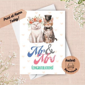 Afdrukbare kat bruid en bruidegom trouwkaart, direct downloaden, kaart afdrukken, Cyperse kat vlinderdas hoge hoed, witte kat met een bloemkroon