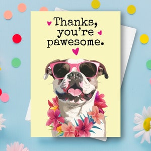 Lustige Bulldogge Dankeskarte, Haustierhund Dank Humorvolles Wortspiel Gruß, benutzerdefinierter Name personalisiertes Geschenk, glücklicher englischer Hund mit Sonnenbrille vorhanden
