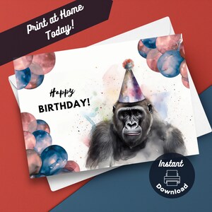 Printable Gorilla Birthday Card, Instant Download, Print at Home Card, Safari Theme Party Gift, Zoo Animal Watercolor Art Print Illustration