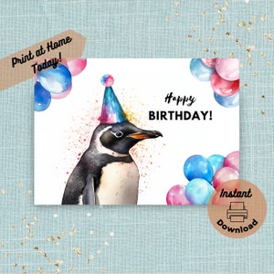 Carte d'anniversaire imprimable pingouin, téléchargement immédiat, impression à la maison, carte souvenir pingouin de Humboldt, illustration aquarelle colorée