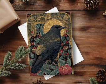 Carte de vœux gothique corbeau sorcière, voeux de Noël Dark Academia, carte du solstice d'hiver Art nouveau corbeau orné, oiseau noir effrayant