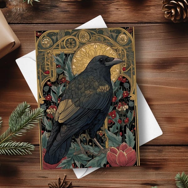 Biglietto di auguri natalizio con corvo stregone gotico, auguri di Natale di Dark Academia, biglietto di auguri per il solstizio d'inverno con corvo decorato in stile Art Nouveau, uccello nero spettrale