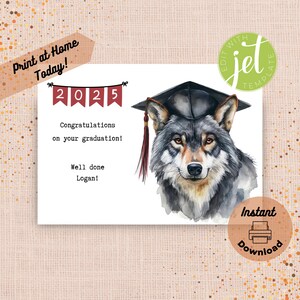 Druckbare Grey Wolf-Abschlusskarte, personalisierter Druck zu Hause bearbeitbare Vorlage, benutzerdefinierter Name Herzlichen Glückwunsch High School College Maskottchen