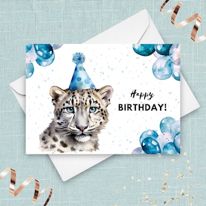 Carte d'anniversaire léopard des neiges, chapeau de fête de joyeux anniversaire et ballons, cadeau léopard des neiges, once de chat, illustration aquarelle de grand félin de l'Arctique