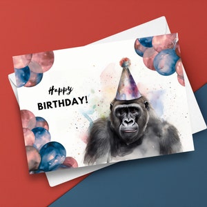 Gorilla Geburtstagskarte mit Partyhut, alles Gute zum Geburtstag, Gorilla Geschenk, Safari Thema Party Geschenk, Zoo Tier Aquarell Kunstdruck Illustration