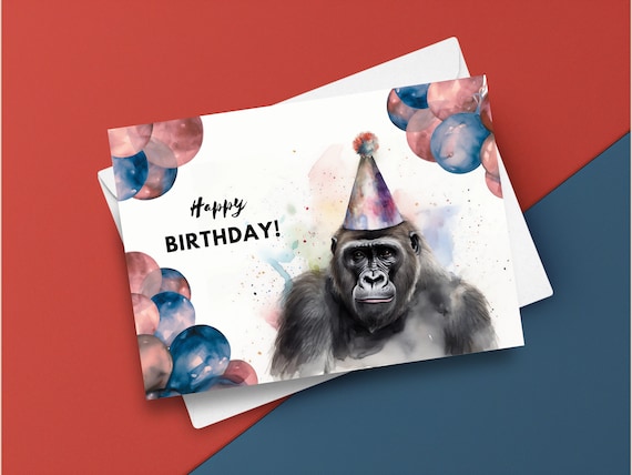 Carte D'anniversaire Gorille Avec Chapeau De Fête, Joyeux Anniversaire, Cadeau Gorille, Cadeau De Fête à Thème Safari, Illustration Impression D'art Aquarelle Animaux De Zoo - France