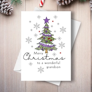 Cartão de Natal para neto, Feliz Natal para um neto maravilhoso, Árvore de Natal de desenho animado e ilustração de flocos de neve Saudação de feriado em família