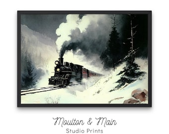 train vintage au pays des merveilles hivernales | Téléchargement numérique imprimable | Art mural aquarelle