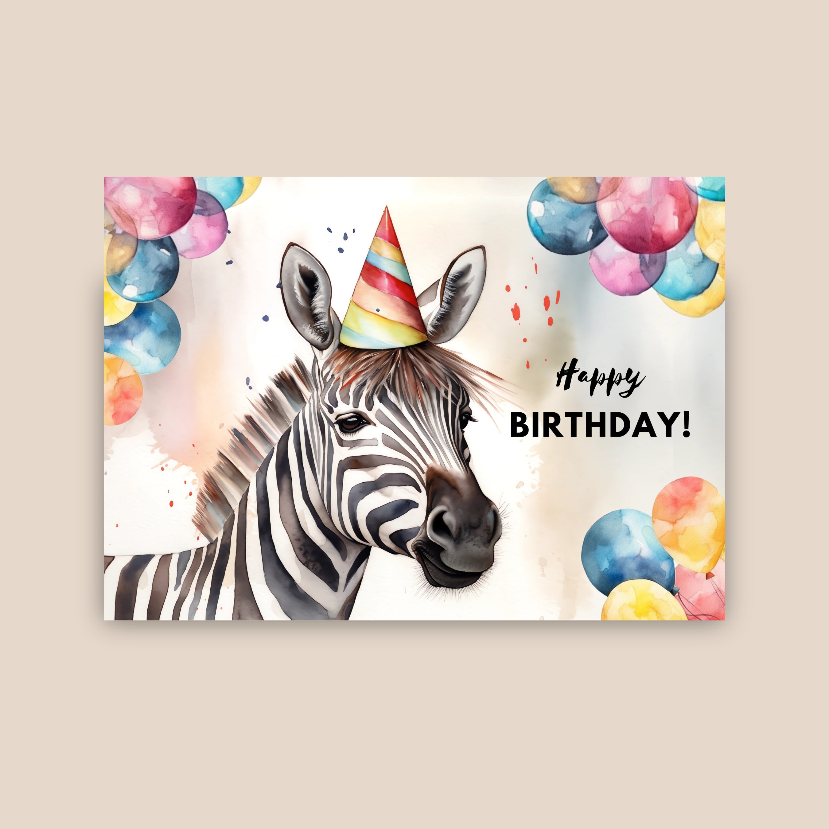 Zebra Birthday Card With Party Hat, Happy Birthday, Zebra Gift, Zoo