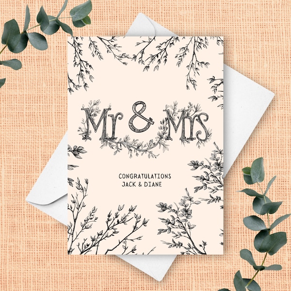 Carte de mariage fantaisiste personnalisée, cadeau de félicitations pour M. et Mme, noms de couple personnalisés, illustration à l'encre de branches feuillues de conte de fées