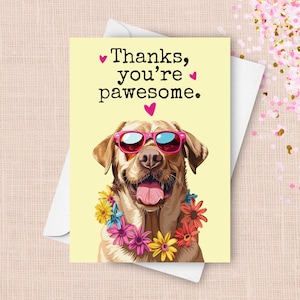 Carte de remerciement jaune de laboratoire, voeux de jeu de mots humoristique pour chien de compagnie, cadeau personnalisé avec nom personnalisé, lunettes de soleil Happy Labrador Retriever