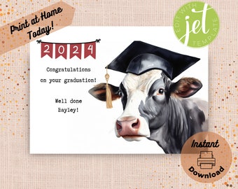 Tarjeta de graduación de vaca personalizada imprimible, plantilla editable para imprimir en casa, 2024 Nombre personalizado Felicitaciones mascota de la universidad de la escuela secundaria