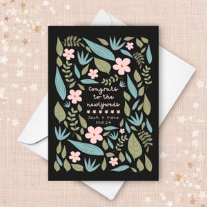 Personalisierte Blumenhochzeitskarte für das Brautpaar Glückwunschgeschenk, benutzerdefinierte Paarnamen Heiratsdatum, schwarz-rosa Empfang Herzlichen Glückwunsch