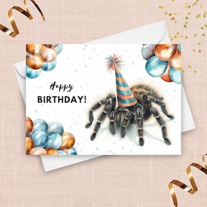 Vogelspinne Geburtstagskarte, alles Gute zum Geburtstag Partyhut und Luftballons, Vogelspinne Geschenke, Spinnentier Geburtstagskarte, Aquarell Illustration