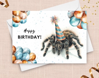 Tarantula Birthday Card, Happy Birthday Party Hat And Balloons, Tarantula Gifts, Arachnid Spider Birthday Card, Watercolor Illustration