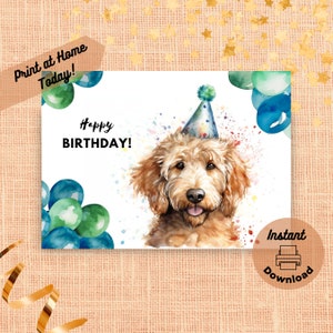 Carte d'anniversaire imprimable Golden Doodle, téléchargement immédiat, carte à imprimer à la maison, Portrait Goldendoodle aquarelle coloré, cadeau chien