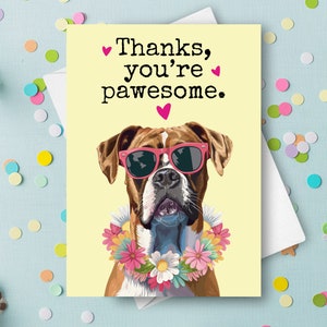 Tarjeta de agradecimiento divertida para perro bóxer, saludo con juego de palabras humorístico de agradecimiento para perro, regalo personalizado con nombre, regalo de perro bóxer feliz con gafas de sol.